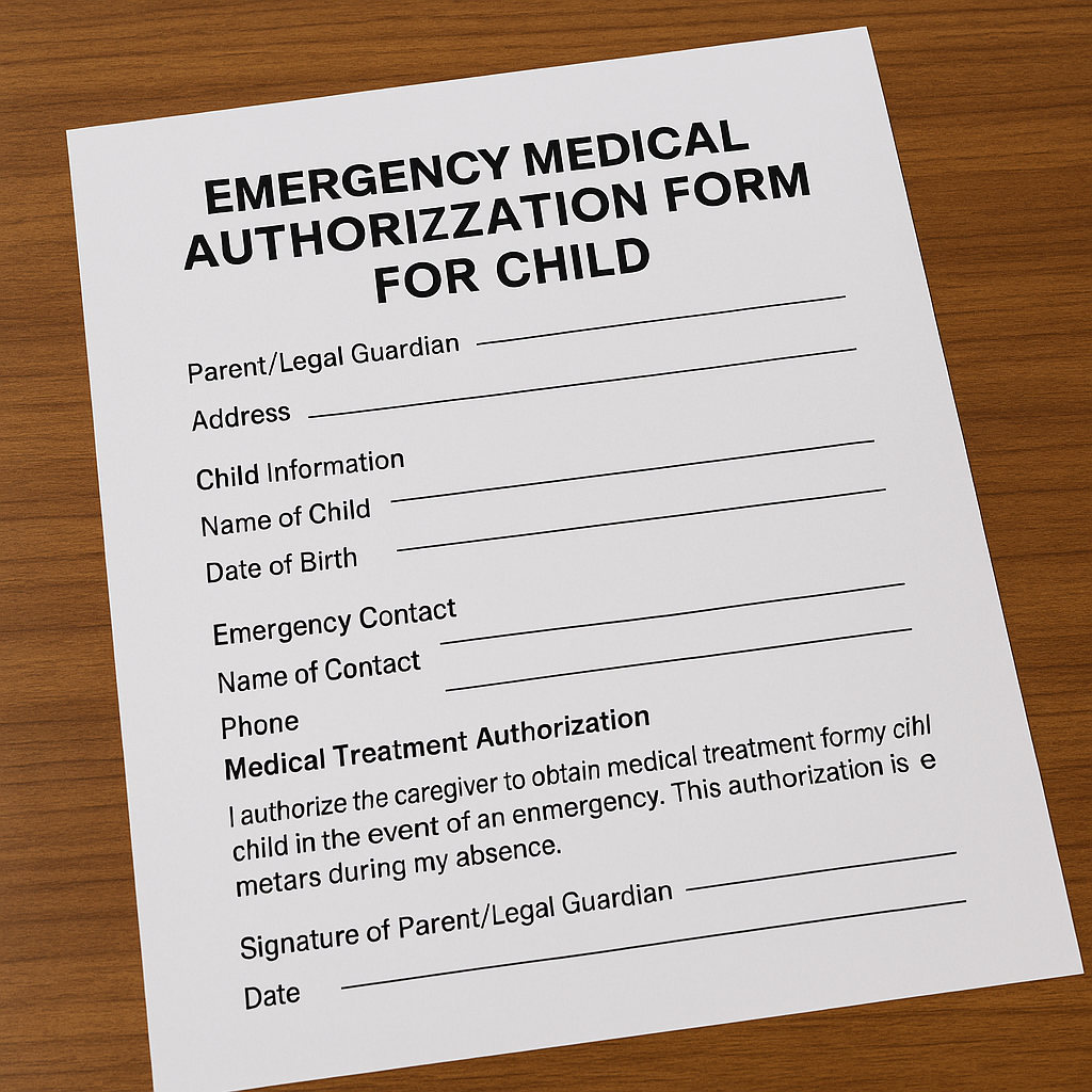 Parents packing for vacation and preparing an emergency medical authorization form for child