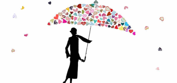 woman under umbrella made of hearts