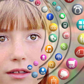 teen looking at social media icons