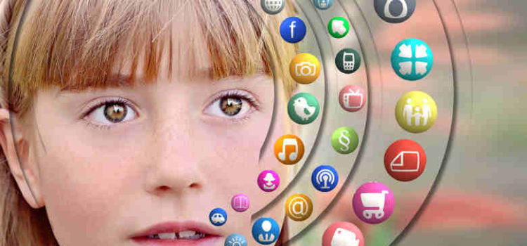 teen looking at social media icons