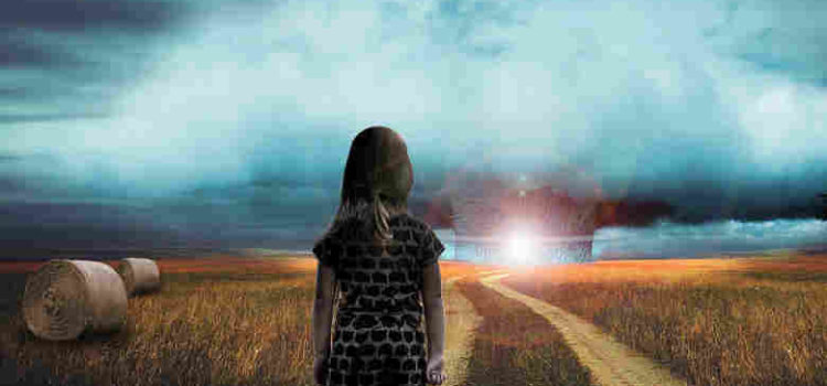 young girl in field looking at light in distance