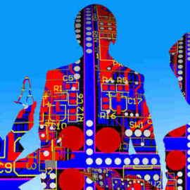 circuit board layered on image of people