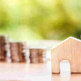 wooden house beside stacks of coins